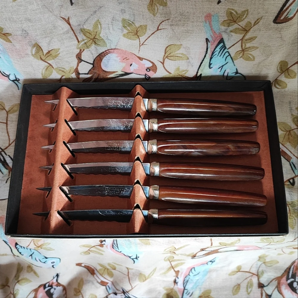 Washington Forge Stainless Steel 6 Steak Knives Sheffield Butterscotch Bakelite